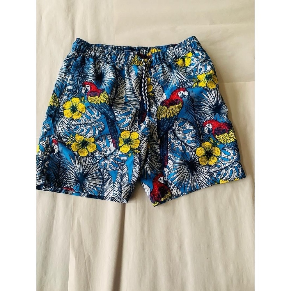 Caribbean Joe Swim Trunks M Blue Floral Nylon Bathing Suit Board‎ Shorts